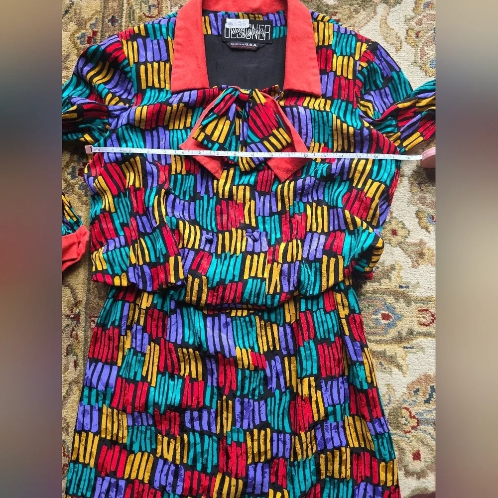 Vintage 70's Utah Tailoring Women's Colorblock Neck Bow Silk Designer Dress S - Picture 5 of 9